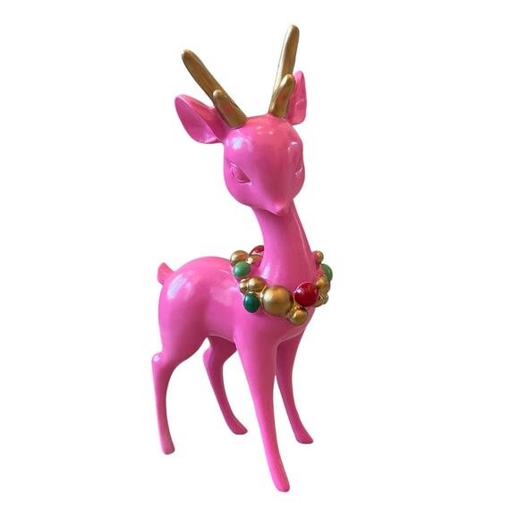 PINK Resin 11” Reindeer with Christmas Ornament Necklace Retro Style New - Picture 7 of 16